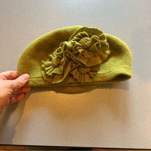 Green Felt Beret with Floral Appliqué